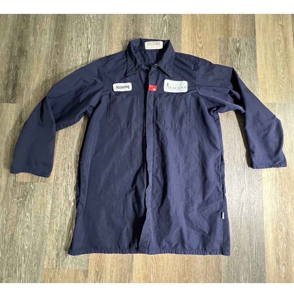 Ascend Work Coat Mens XL Navy Blue FR Flame Resistant Accounting Patch Utility